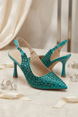 Green Diamond Embellished Slingback Heels - Carmen