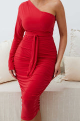 Red One Shoulder Ruched Slinky Midi Dress - Savannah
