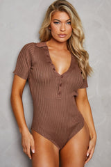 Light Chocolate Buttoned Up Short Sleeve Ribbed Bodysuit - Joni