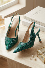 Green Diamond Embellished Slingback Heels - Carmen