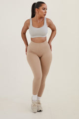 Beige High Waisted Wide Band Activewear Leggings - Yanis