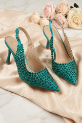 Green Diamond Embellished Slingback Heels - Carmen