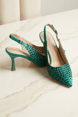 Green Diamond Embellished Slingback Heels - Carmen