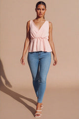 Dusty Pink Lace Trim Wrap Peplum Top- Riuhan