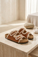 Tan Crochet Trim Double Buckle Slip-On Sandals - Stylin