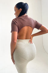 Light Chocolate Buttoned Up Short Sleeve Ribbed Bodysuit - Joni