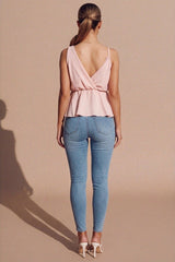 Dusty Pink Lace Trim Wrap Peplum Top- Riuhan