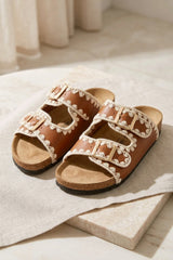 Tan Crochet Trim Double Buckle Slip-On Sandals - Stylin