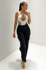 White Strappy Halter Neck Cut Out Bodysuit - Alya