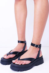 Black Toe Thong Chunky Platform Ankle Strap Sandals - Luretta