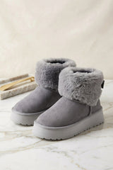 Grey Faux Suede Faux Fur Cuff Chunky Platform Ankle Boots - Silo