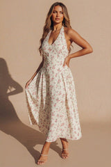 Cream Floral Halterneck Midaxi Skater Dress- Canal