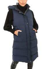 Navy Sleeveless Longline Midi Zip Up Hooded Puffer Gilet - Terri