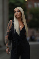 Black Plunge Neck Silver Glitter Sleeveless Jumpsuit - Orianda