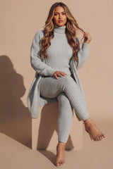 Grey Ribbed Knitted 3 Piece Loungewear Set-Jinet