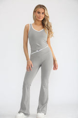 Grey Contrast Trim Top and Flared Trousers Activewear Set - Eleonora
