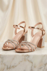 Champagne Diamanté Strappy Block Heel Sandals - Elara