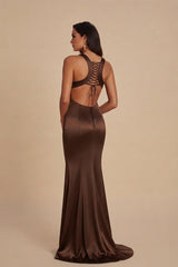 Brown Satin Thigh Split Maxi Dress-Vona