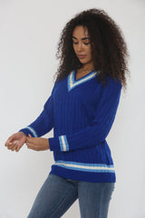 Blue Cable Knit V Neck Jumper with Stripe Trim - Somia