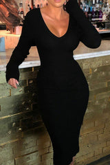 Black Ribbed V Neck Midi Jumper Dress - Ivy