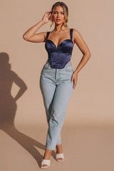 Navy Satin Cup Detail Sweetheart Corset Top - Maci