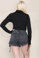 Black Lace Up Side Denim Frayed Shorts - Leontina