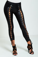 Black Faux Leather Lace Up Side Leggings- Cyna