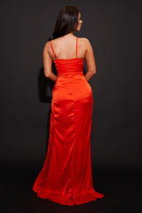 Orange Strappy Satin Side Split Maxi Dress - Karina