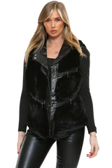 Black PU Faux Leather Faux Fur Gilet - Liana