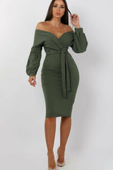 Khaki Belted Bodycon Midi Dress - Angelica