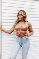 Chocolate Halterneck Lace Up Crop Top - Lulu