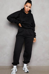 Black Oversized Front Pocket Pullover Hoodie Cuffed Joggers Loungewear Set - Alexia