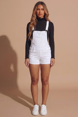 White Denim Dungaree Shorts With Buckle Strap Detail- Elvara