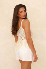 Cream Strappy Fringe Crochet Crop Top - Véronique