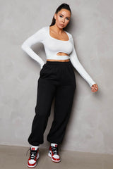 Black Oversized High Waisted Shirred Drawstring Pocket Detail Cuffed Joggers - Samira
