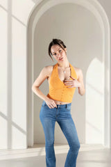 Orange Ribbed Halter Neck Button Front Top - Lila