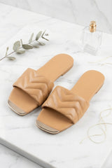 Camel Quilted Flat Slip-On Sandals with Gold Toe Detail - Yora