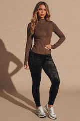 Chocolate High Neck Fitted Zip Up Lightweight Jacket - Sovanna