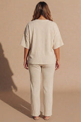 Beige Relaxed Fit Ribbed Top And Trouser Set- Cnyon