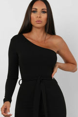 Black Belted One Shoulder Jumpsuit - Evelyn