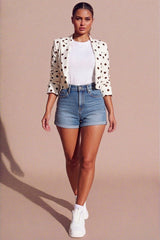 Cream Polka Dot Ruched Sleeve Cropped Blazer - Piana