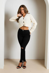 Stone Button Front Cable Knit Long Sleeve Cropped Cardigan - Kinsley