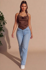 Brown Suede Cowl Neck Handkerchief Hem Halterneck Top - Zarinana