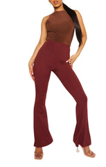 Wine Wide Ribbed Basic Flared High Waist Fit Trousers- Clara