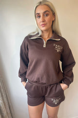 Chocolate Brown Zip Neck Sweatshirt and Short Paris Milano Print Co ord Loungewear Set - Celestara