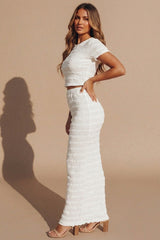 White Round Neck Textured Cropped Top With Maxi Skirt Co Ord - Mariola