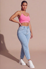 Pink Slinky Spaghetti Strap Halterneck Crop Top - Carisella