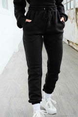 Black Long Sleeve Cropped Fleece Hoodie & Cuffed Joggers Loungewear Set - Layla