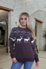Wine Reindeer & Snowflake Pattern Knitted Christmas Jumper - Talia