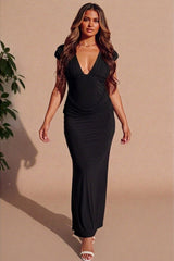 Black Slinky Plunge Ruched Shoulder Drape Waist Double Layer Maxi Dress - Josalía